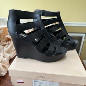 BCBGeneration Black Cage Wedge Heels